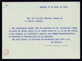 Copia sin firma de la carta del oficial de Secretaría, Lorenzo García, a Eulalia Cáceres en la qu...