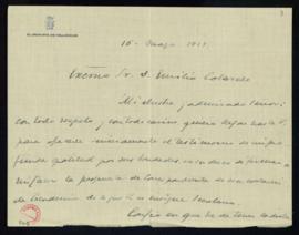 Carta de Francisco Mendizábal a Emilio Cotarelo en la que le traslada su más profunda gratitud po...
