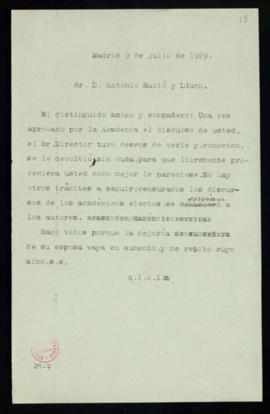 Minuta de la carta de Emilio Cotarelo a Antonio Rubió y Lluch en la que le manifiesta que puede i...