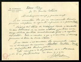 Carta de Blas Cabrera a Emilio Cotarelo en la que ofrece una definición de protón y manifiesta qu...