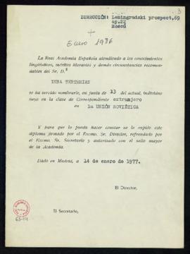Minuta del diploma de Inna Terterian de correspondiente extranjero en la Unión Soviética
