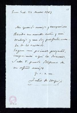 Carta de Julio de Urquijo al secretario en la que acusa recibo de la devolución de su trabajo, en...