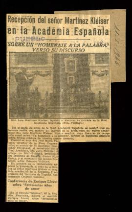 Recorte del diario Pueblo con la crónica titulada Recepción del señor Martínez Kléiser [Kleiser] ...