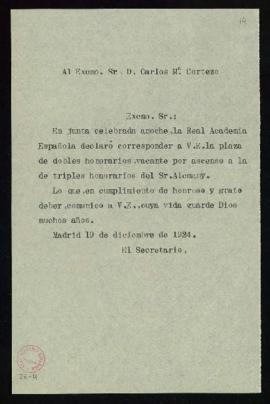 Copia sin firma del oficio del secretario [Emilio Cotarelo] a Carlos María Cortezo de comunicació...