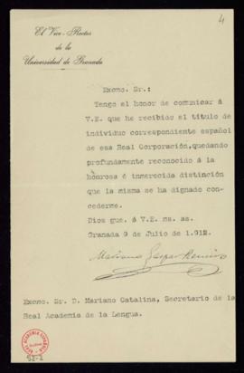 Carta de Marciano Gaspar Remiro a Mariano Catalina, secretario, en la que acusa recibo de su nomb...