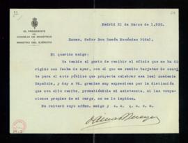 Carta del presidente del Consejo de Ministro y ministro del Ejército, Dámaso Berenguer, a Ramón M...