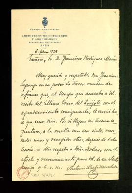 Carta de Antonio Alcalá Venceslada a Francisco Rodríguez Marín en la que le pregunta si ha recibi...