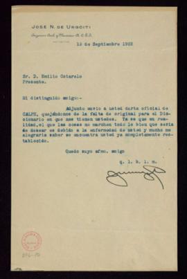 Carta de José N. de Urgoiti a Emilio Cotarelo con la que le remite una carta oficial de Calpe con...