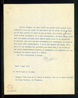 Carta de Azorín a Melchor Almagro en la que le dice que no le extraña que se haya extraviado su c...