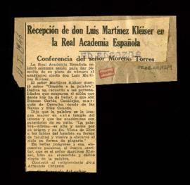 Recorte del diario El Alcázar con la crónica titulada Recepción de don Luis Martínez Kléiser [Kle...