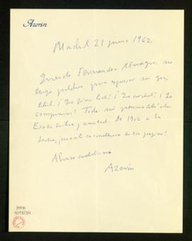 Carta de Azorín a Melchor Fernández Almagro en la que expresa su gratitud por su crítica y por su...