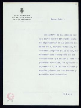 Carta de pésame de Enrique Serrano Fatigati, secretario general de la Real Academia de Bellas Art...