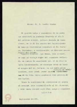 Minuta de la carta [del secretario] a Amalio Gimeno en la que, por indicación del director, le en...