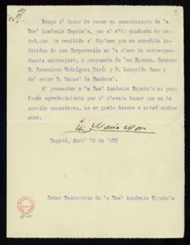 Carta de Luis María Mora al secretario en la que acusa recibo de su nombramiento como académico c...