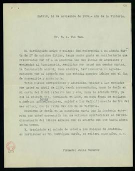 Minuta de la carta de Julio Casares a C. F. Adolf van Dam en la que le transmite el agradecimient...
