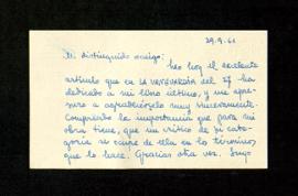 Tarjeta de I. Murciano a Melchor Fernández Almagro en la que le agradece la crítica que ha dedica...