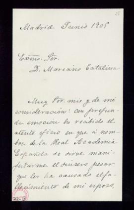 Carta de Amalia L[oring] al secretario, Mariano Catalina, de agradecimiento a la Academia por el ...