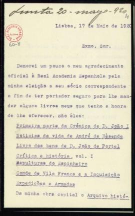 Carta de Anselmo Braamcamp Freire a Emilio Cotarelo en la que agradece su nombramiento como corre...