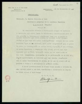 Carta de C. F. Adolf van Dam a Emilio Cotarelo con la que le remite nueva lista de enmiendas y ad...