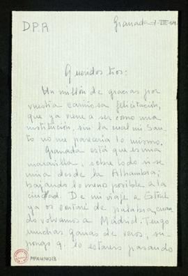 Carta de Blanca García-Valdecasas a Pilar y Melchor Fernández Almagro en la que les agradece la f...