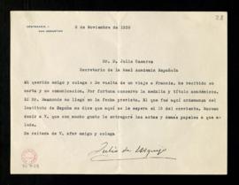 Carta de Julio de Urquijo a Julio Casares en la que le confirma que le entregará las actas y demá...