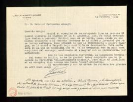 Carta de Luis de Alberti Gómez a Melchor Fernández Almagro en la que le agradece el envío de un e...
