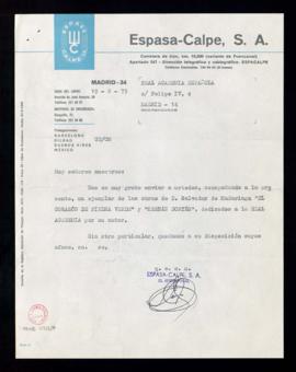 Carta del apoderado de Espasa-Calpe a la Real Academia Española que acompaña el envío de un ejemp...