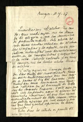 Carta de Manuel Machado a Melchor Fernández Almagro en la que le dice que lleva en Burgos desde d...