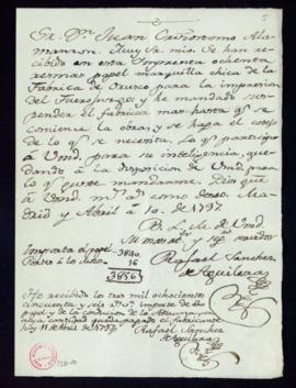Carta de Rafael Sánchez de Aguilera a Juan Crisóstomo Alamanzón sobre la recepción de 80 resmas d...