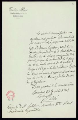 Carta de Teodoro Baró al secretario, Mariano Catalina, en la que manifiesta su agradecimiento por...