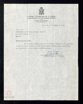 Carta de Juan Trejos, secretario de la Academia Costarricense de la Lengua, al secretario [Rafael...