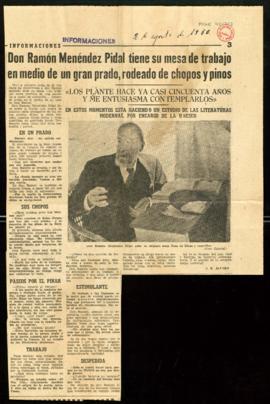 Recorte del diario Informaciones con el artículo Don Ramón Menéndez Pidal tiene su mesa de trabaj...