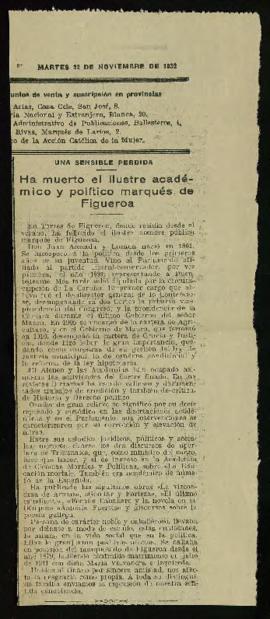 Recorte de prensa de La Época con la noticia Ha muerto el ilustre académico y político marqués de...