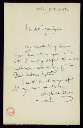Carta de Adolfo de Castro a Antonio María Segovia con la que remite un apunte sobre un códice que...