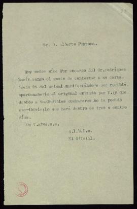 Minuta de la carta del oficial de secretaría a Alberto Peyrona en la que le manifiesta que Franci...