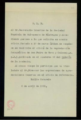 Copia del besalamano del secretario, Emilio Cotarelo, al secretario interino de la Sociedad Españ...