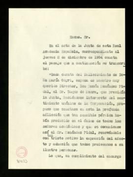 Copia sin firma del oficio del secretario [Julio Casares] a Ramón Menéndez Pidal de pésame por el...