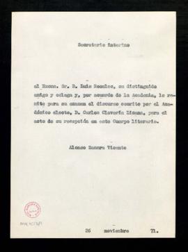 Copia sin firma del saluda del secretario interino, Alonso Zamora Vicente, a Luis Rosales con el ...