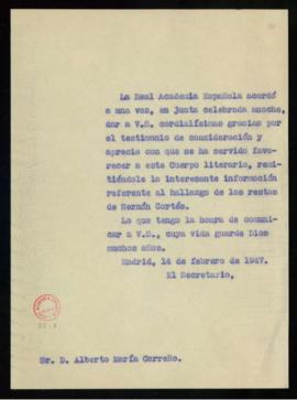 Copia del oficio del secretario a Alberto María Carreño con el agradecimiento de la Real Academia...
