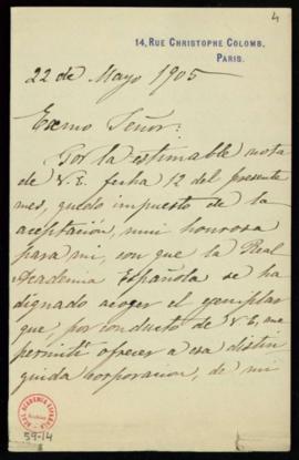 Carta de Alberto Blest Gana a Mariano Catalina en la que acusa recibo de su carta sobre el envío ...