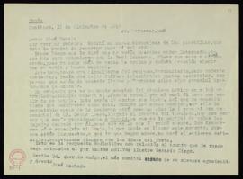 Copia de la carta de José Machado a José Tudela en la que le informa que el traslado desde Franci...