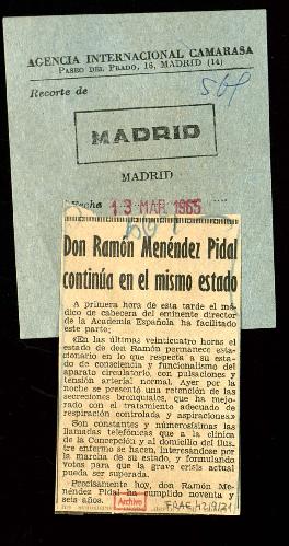Recorte del diario Madrid con la noticia Don Ramón Menéndez Pidal continúa en el mismo estado