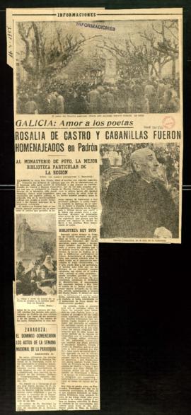 Recorte de prensa del diario Informaciones con la crónica del homenaje en Padrón a Rosalía de Cas...