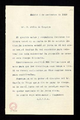 Copia sin firma de la carta del secretario a Julio de Urquijo en la que le confirma la fecha del ...
