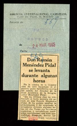 Recorte del diario Ya con la noticia Don Ramón Menéndez Pidal se levanta durante algunas horas