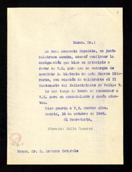 Copia del oficio del secretario a Armando Cotarelo de traslado del encargo de la junta de escribi...