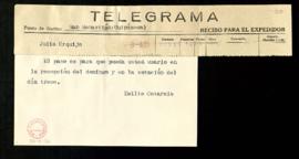 Recibo y copia del texto del telegrama enviado por Emilio Cotarelo a Julio Urquijo en el que le i...