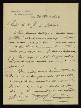 Carta del conde de la Viñaza [Cipriano Muñoz y Manzano] a Emilio Cotarelo en la que le pide que l...