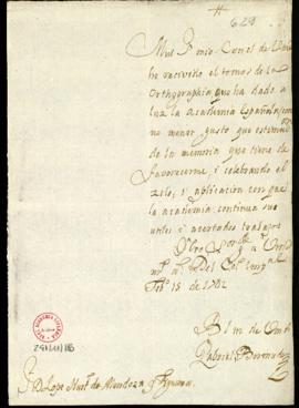 Carta de Gabriel Bermúdez a Lope Hurtado de Mendoza en la que agradece el envío de un ejemplar de...