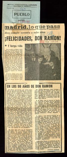Recorte del diario Pueblo con el artículo ¡Felicidades, don Ramón!